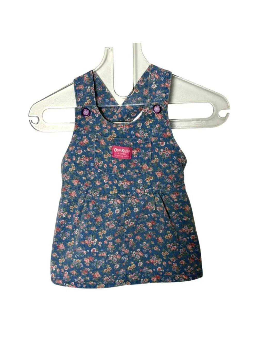 Vintage OshKosh Bgosh Floral Denim Girls Overall Dress 18M Blue Pink Altered